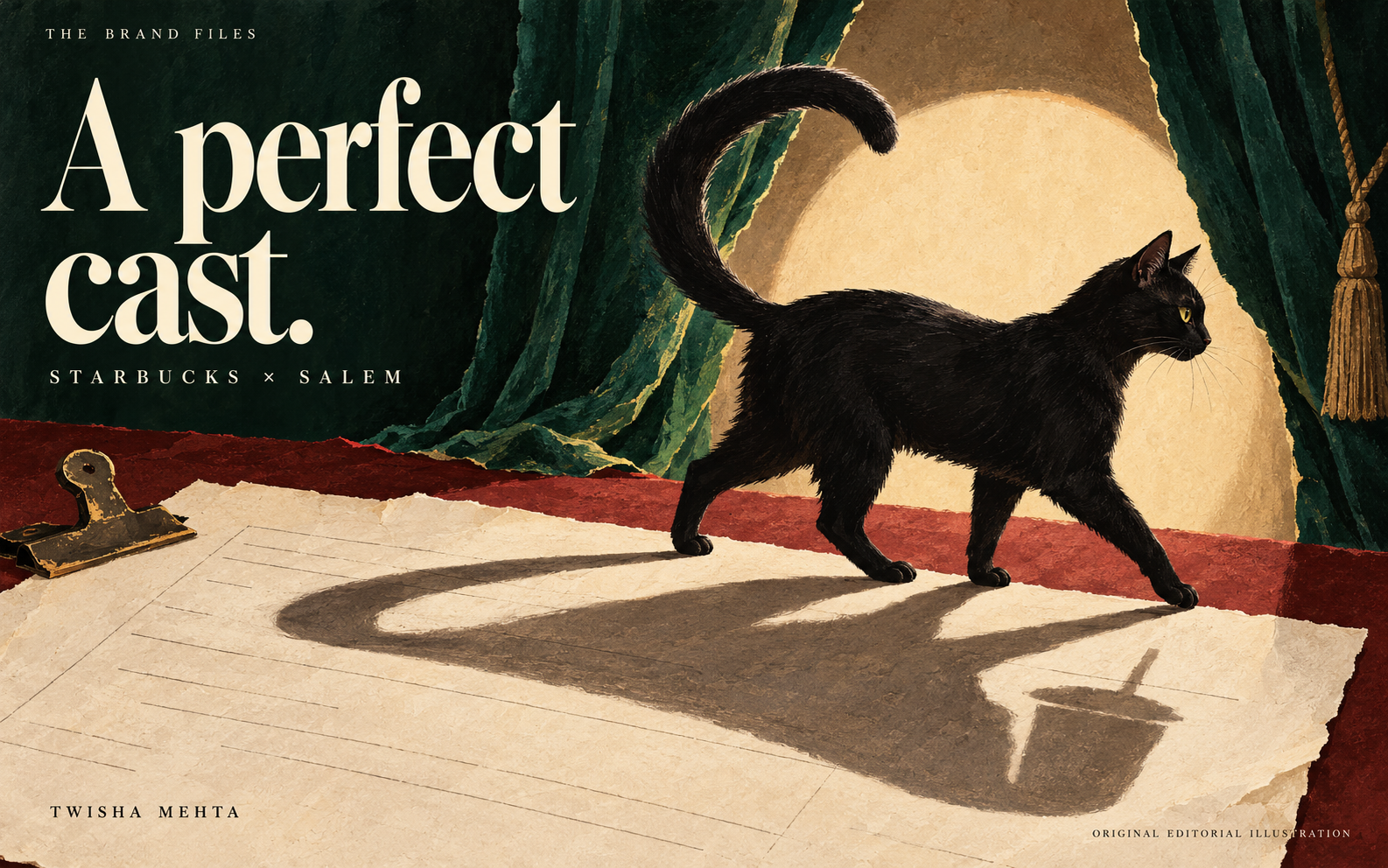 Original textured editorial illustration of a black cat crossing a casting sheet in front of forest-green theatre curtains. The headline reads A perfect cast.