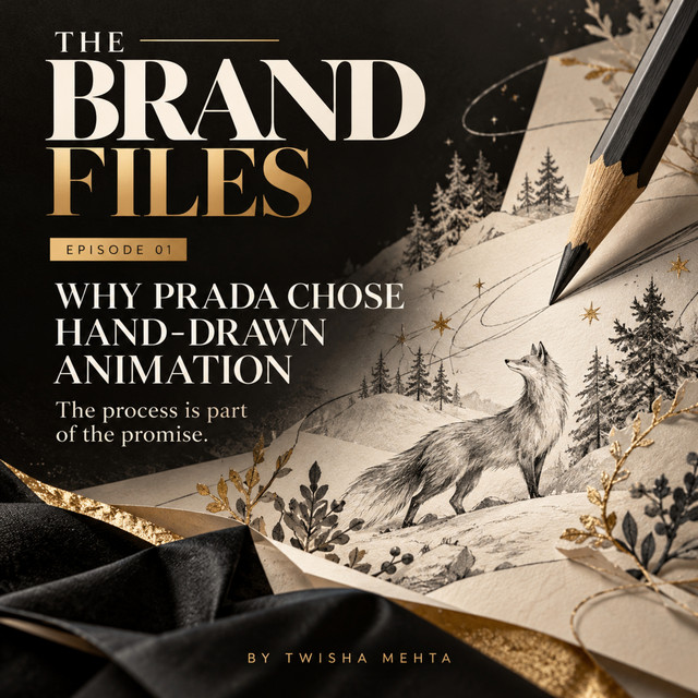 Conceptual episode cover showing a pencil drawing a fox among winter trees, titled Why Prada Chose Hand-Drawn Animation